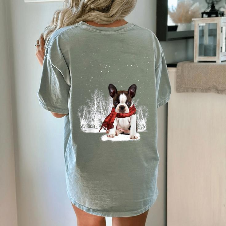 Boston Terrier In The Snow Merry Christmas Winter Women's Comfort Colors T-Shirt Back Print