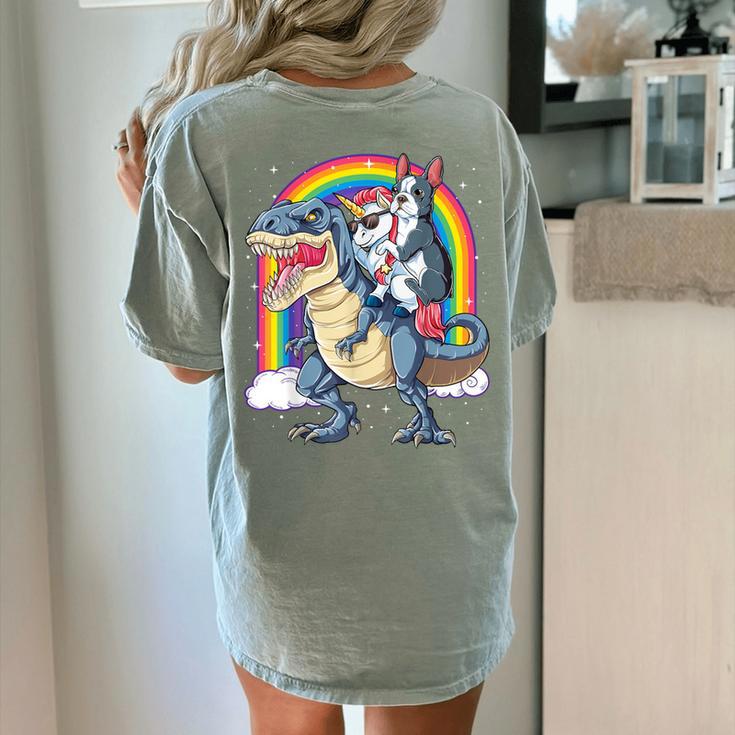 Boston Terrier Unicorn Riding Dinosaur T-Rex Girls Rainbow Women's Comfort Colors T-Shirt Back Print