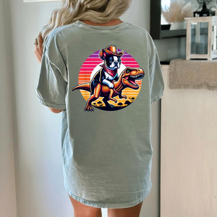 Boston Terrier Wearing A Cowboy Hat On T-Rex Women's Comfort Colors T-Shirt Back Print