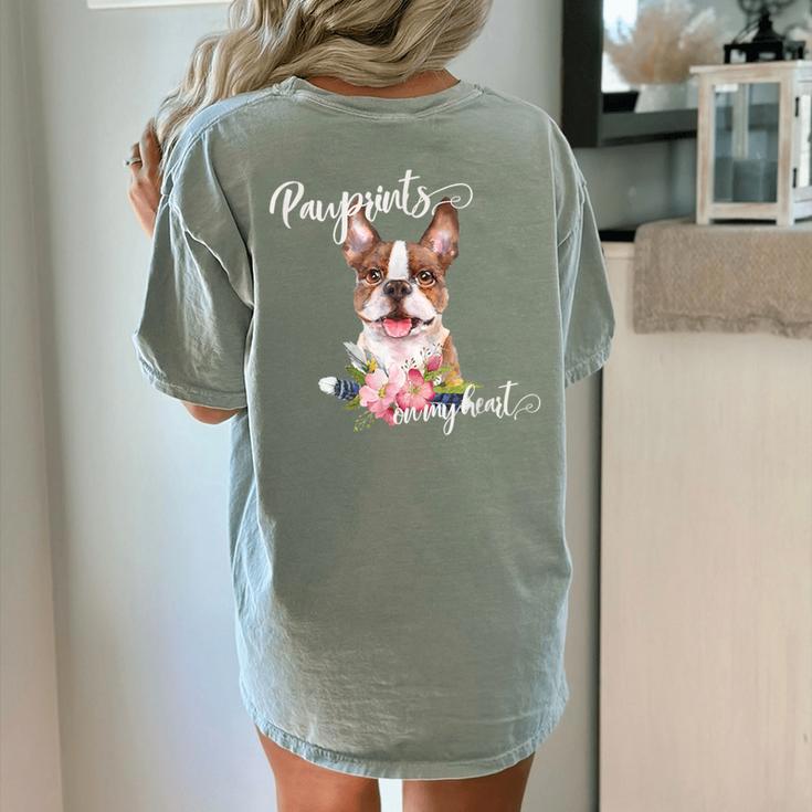 Brown Boston Terrier With Flowers And Feathers Women's Comfort Colors T-Shirt Back Print