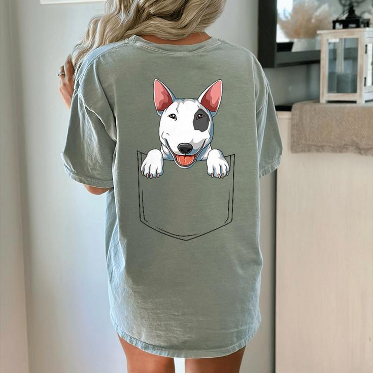 Bull Terrier Pocket Bull Terrier Peeking Out Pocket Women's Comfort Colors T-Shirt Back Print