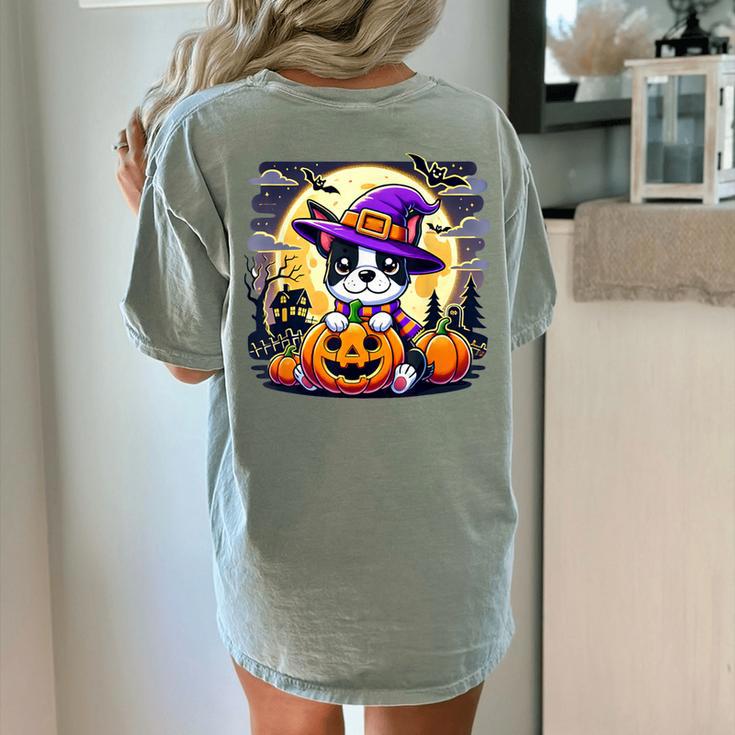 Halloween Boston Terrier Dog Breed With Jack O' Lantern Art Women's Comfort Colors T-Shirt Back Print