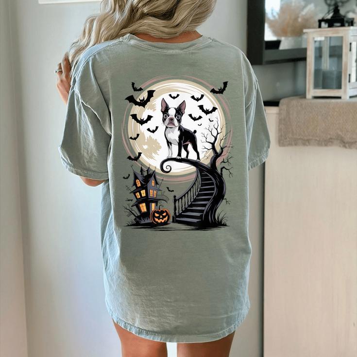 Spooky Halloween Moon Boston Terrier Boston Bull Bostie Women's Comfort Colors T-Shirt Back Print