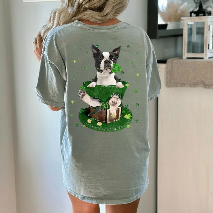 St Patrick's Day Leprechaun Boston Terrier Dog Shamrock For Men Women Kids Women's Comfort Colors T-Shirt Back Print