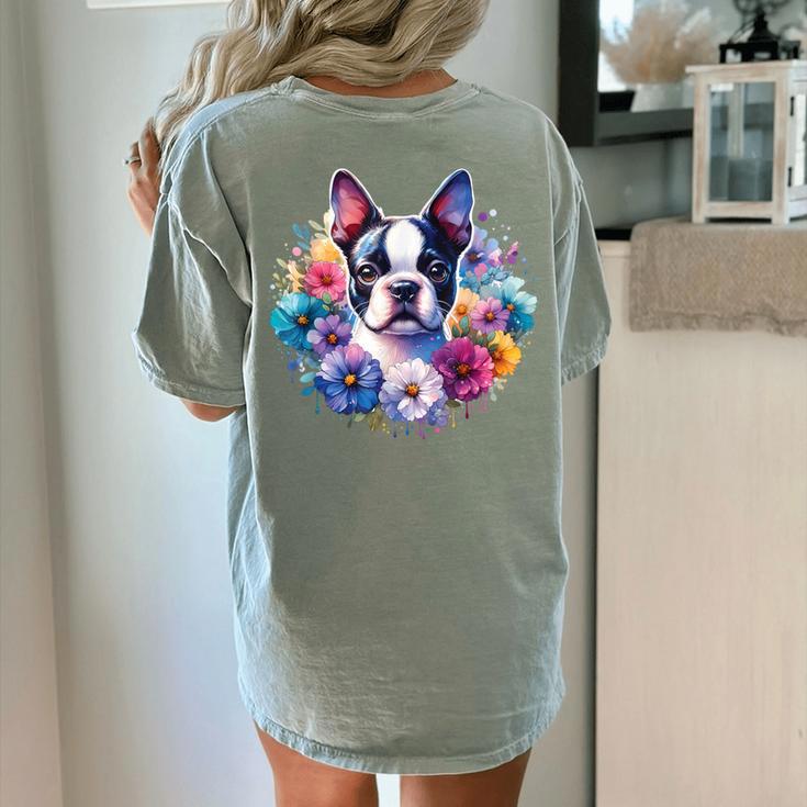Watercolor Floral Boston Terrier Mama Dog Lover Mother's Day Women's Comfort Colors T-Shirt Back Print
