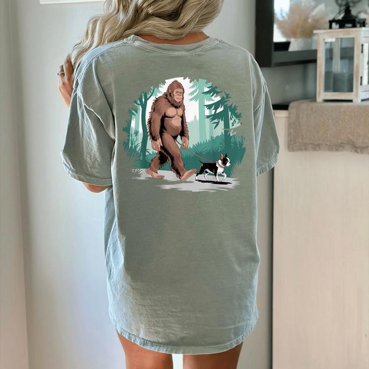 Whimsical Forest Adventures Sasquatch Bigfoot Walking Boston Terrier Dog Lovers Women's Comfort Colors T-Shirt Back Print