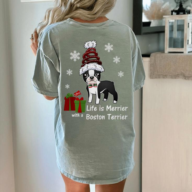 Boston Terrier Christmas T Shirt-Life Is Merrier Premium Tri-Blend Women's Comfort Colors T-Shirt Back Print