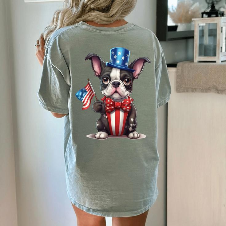 Boston Terrier Puppy Dog Holds His American Flag 4th Of July Women's Comfort Colors T-Shirt Back Print