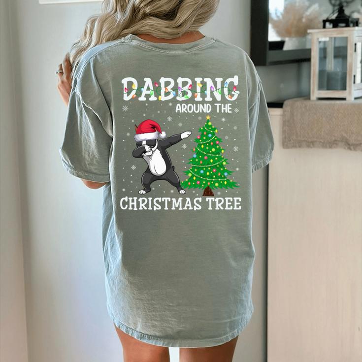 Boston Terrier Santa Hat Dabbing Around The Christmas Tree Women's Comfort Colors T-Shirt Back Print