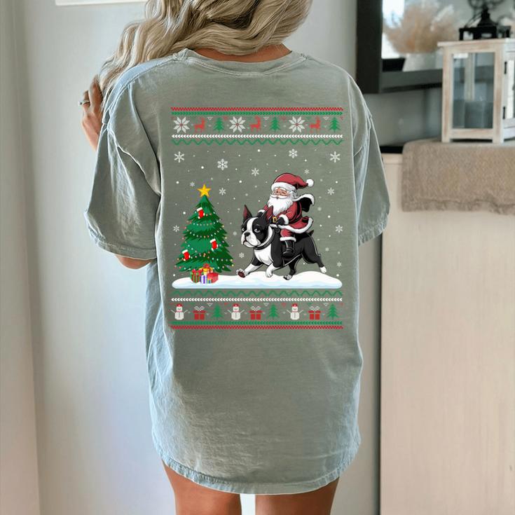 Ugly Christmas Tree Lights Xmas Santa Riding Boston Terrier Women's Comfort Colors T-Shirt Back Print