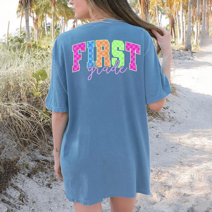 Back To School Neon Checkered First Grade Colorful Teacher Women's Comfort Colors T-Shirt Back Print