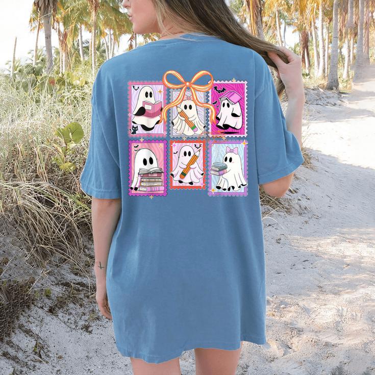 Coquette Bow Spooky Teacher Ghost Halloween Trick Or Teach Women's Comfort Colors T-Shirt Back Print