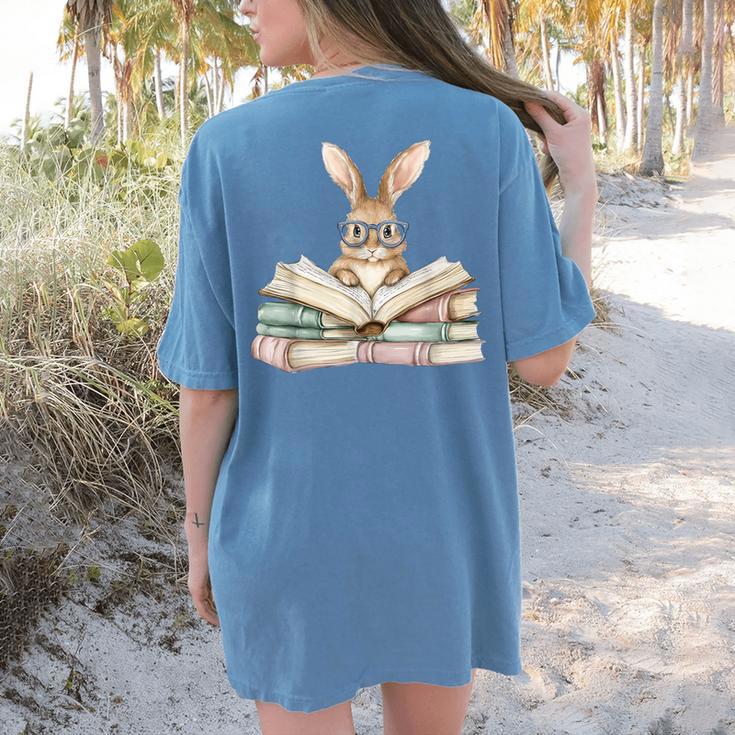 Cute Reading Bunny Glasses Books Bookworm Reader Teacher Women's Comfort Colors T-Shirt Back Print