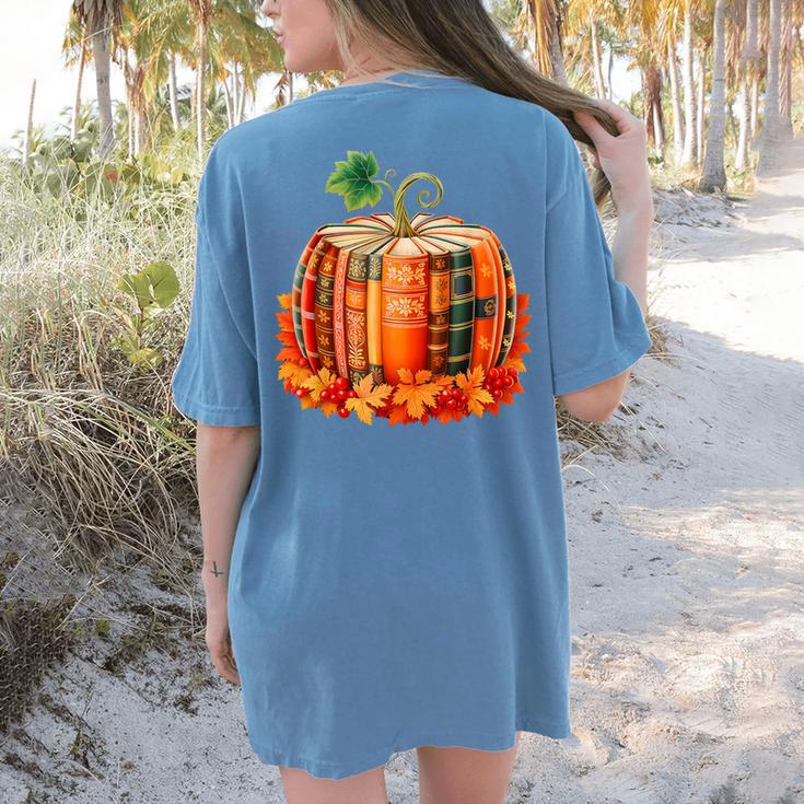 Fall Book Autumn Reading Teacher Halloween Pumpkin Season Women's Comfort Colors T-Shirt Back Print