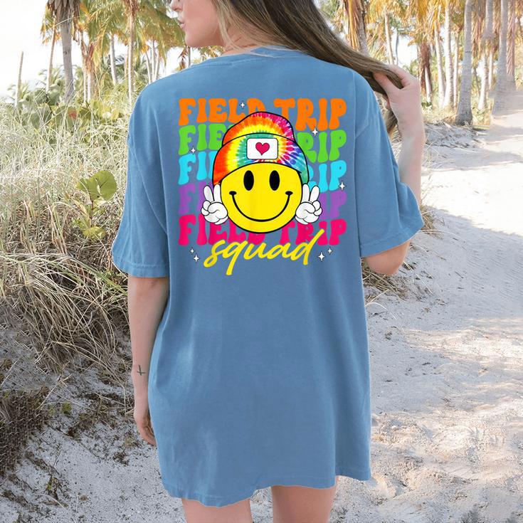 Field Trip Squad Groovy Field Day Smile Face Teacher Tie Dye Women's Comfort Colors T-Shirt Back Print