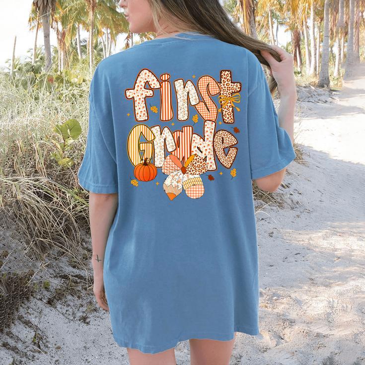 First Grade Fall Floral Coquette Bow Teachers Students Women's Comfort Colors T-Shirt Back Print