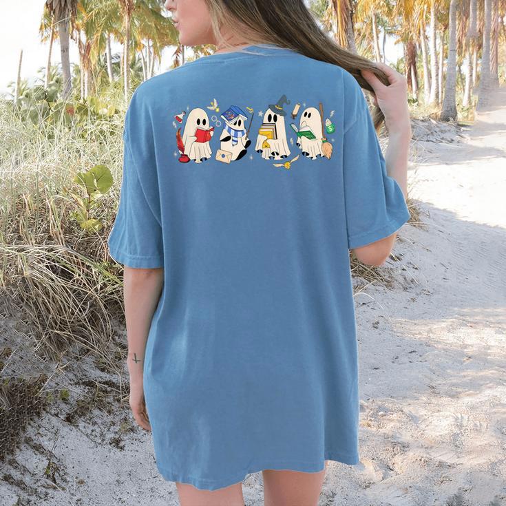 Ghost Book Reading Books Lover Teacher Happy Halloween Women's Comfort Colors T-Shirt Back Print
