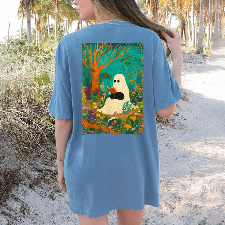 Groovy Ghost Reading Book Cat Halloween Ghost Teacher Women's Comfort Colors T-Shirt Back Print