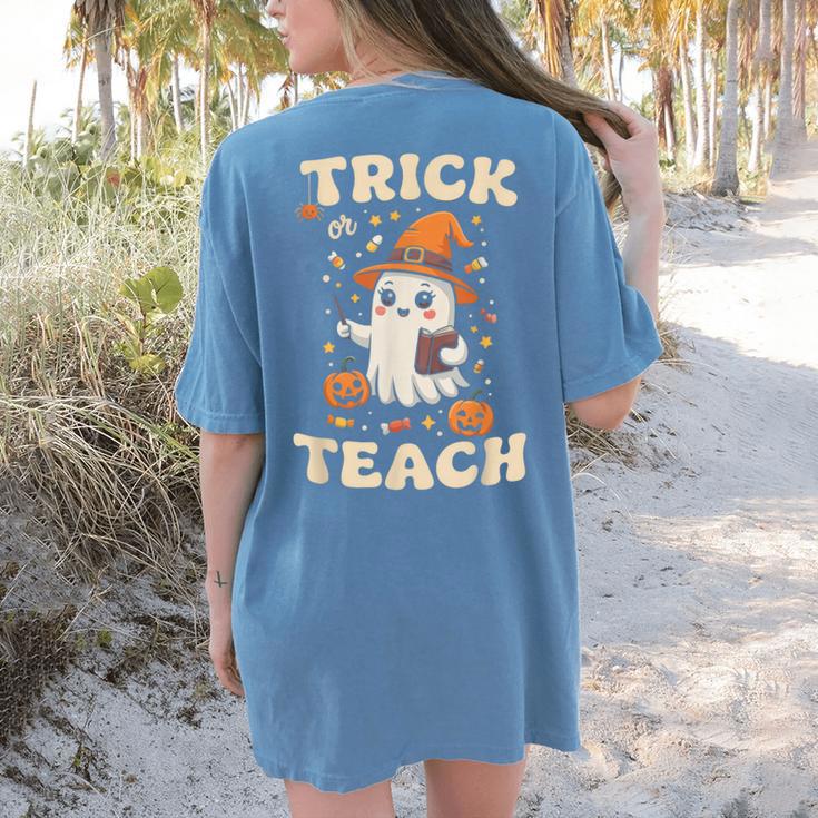 Halloween Teacher Shirts Women School Trick Or Teach Groovy Women's Comfort Colors T-Shirt Back Print