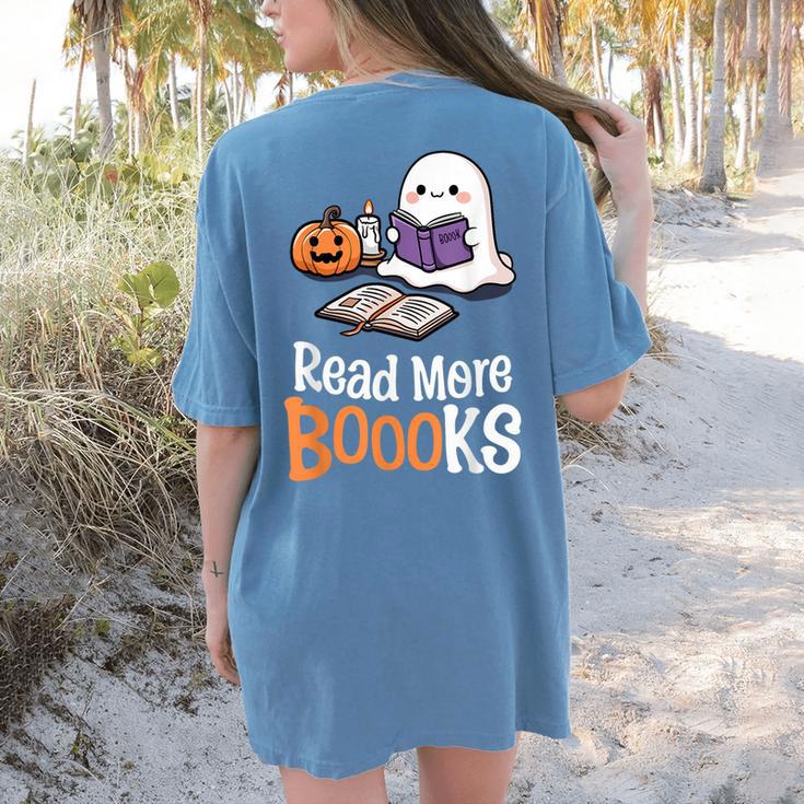 Halloween Teacher Women Cute Reading Ghost Read More Books Women's Comfort Colors T-Shirt Back Print