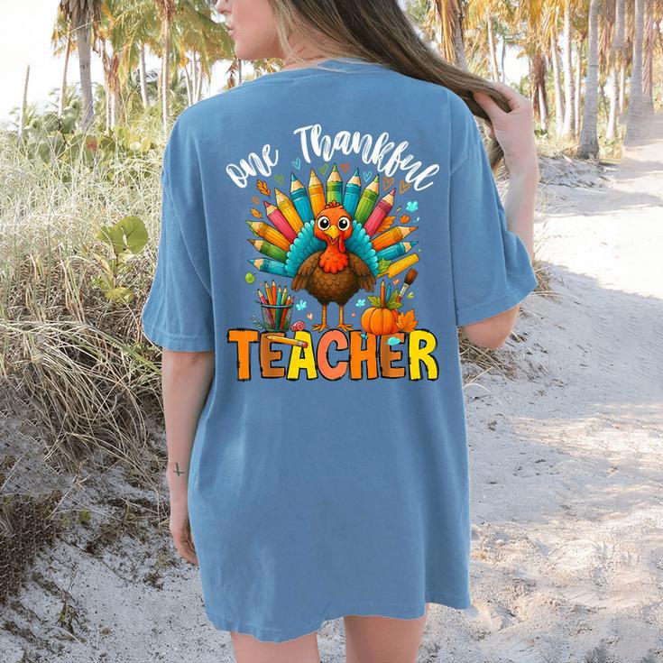 One Thankful Teacher Thanksgiving Turkey Cute Crayon Pencil Women's Comfort Colors T-Shirt Back Print