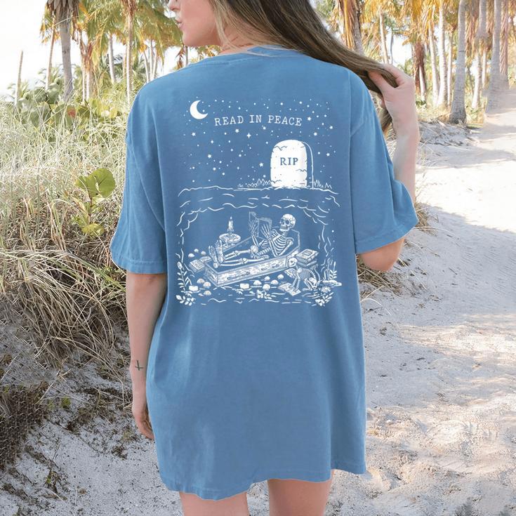 Read In Peace Skeleton Halloween Book Reading Spooky Teacher Women's Comfort Colors T-Shirt Back Print