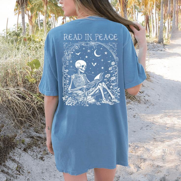 Read In Peace Skeleton Reading Teacher Spooky Halloween Women's Comfort Colors T-Shirt Back Print