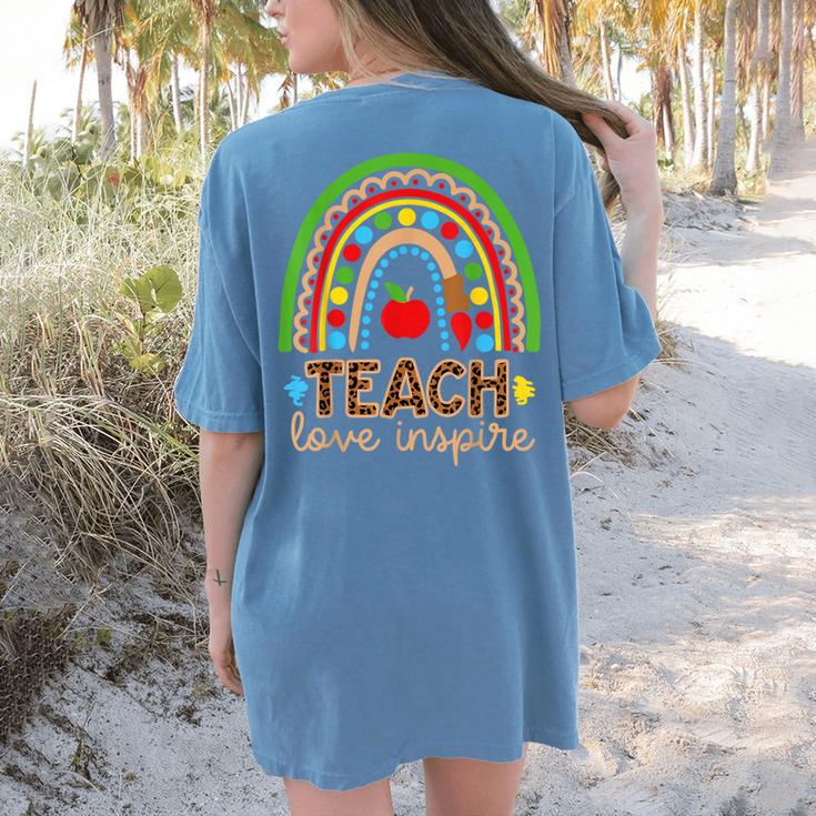 Teach Love Inspire Rainbow Leopard Cheetah Print Teacher Women's Comfort Colors T-Shirt Back Print
