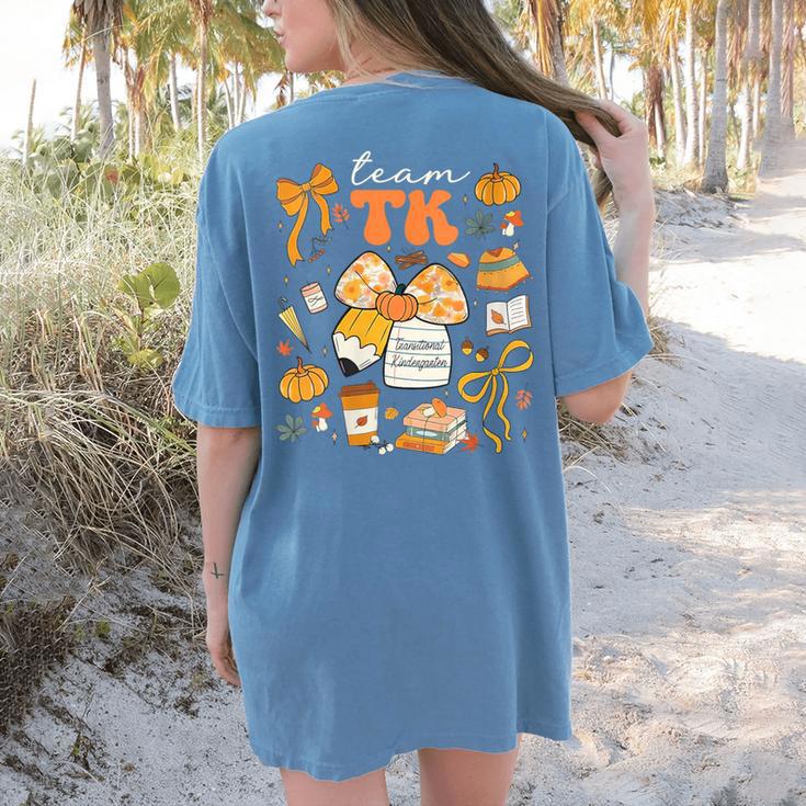 Team TK Crew Preppy Coquette Bow Pumpkin Fall TK Teacher Women's Comfort Colors T-Shirt Back Print