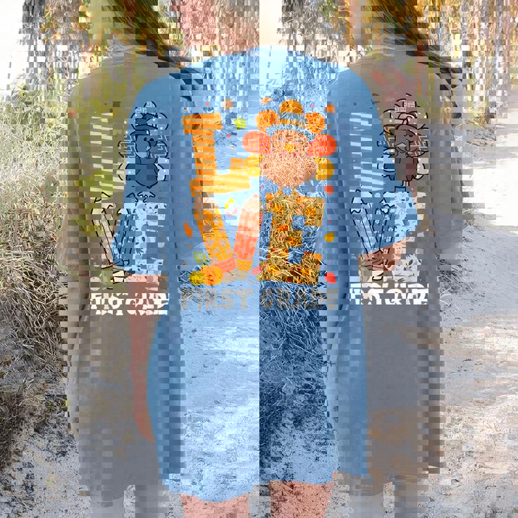 Thanksgiving Love First Grade Teacher Turkey Autumn Fall For Men Women Girls Kids Women&#x27;s Comfort Colors T-Shirt Back Print