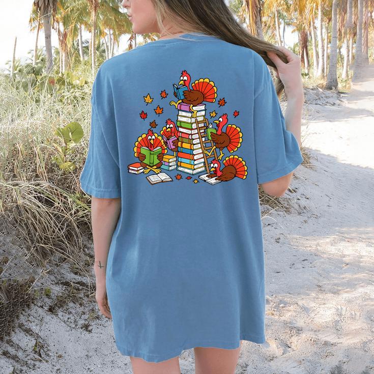 Turkey Reading Books Fall Thanksgiving Teacher Librarian Women's Comfort Colors T-Shirt Back Print