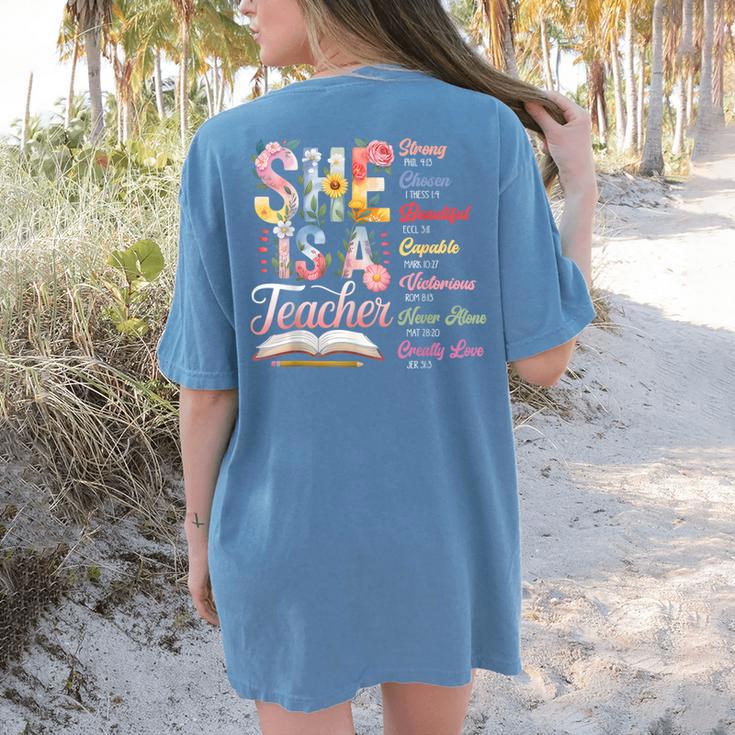 Women Bible Verse Christian Teacher God Says Back To School Women's Comfort Colors T-Shirt Back Print