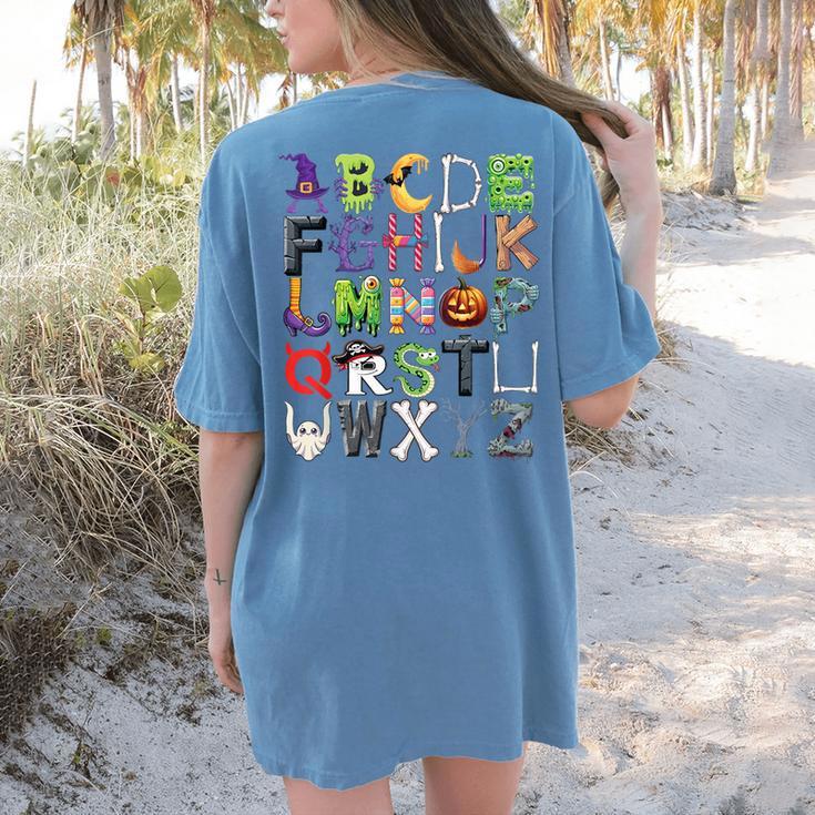 ABCs Alphabet Halloween Learning Kindergarten Teachers Women's Comfort Colors T-Shirt Back Print ABCs Alphabet Halloween Learning Kindergarten Teachers Women's Comfort Colors T-Shirt Back Print