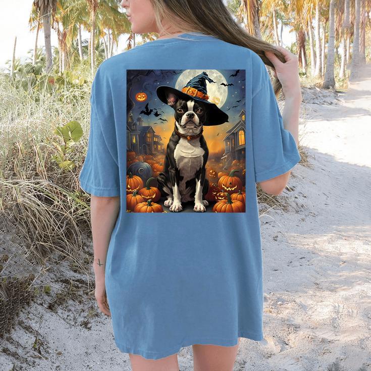 Aesthetic Halloween Boston Terrier Dog Witch Pumpkin For Men Women Kids Women's Comfort Colors T-Shirt Back Print