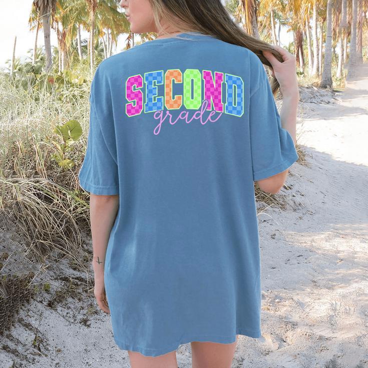 Back To School Neon Checkered Second Grade Colorful Teacher Women's Comfort Colors T-Shirt Back Print