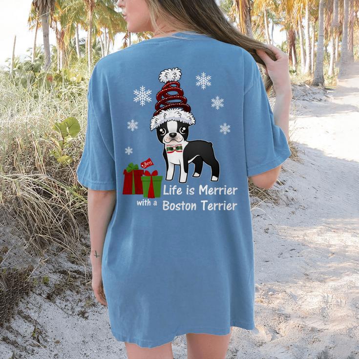 Boston Terrier ChristmasShirt-Life Is Merrier Premium Tri-Blend Women's Comfort Colors T-Shirt Back Print