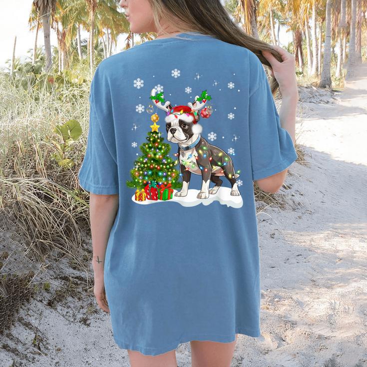 Boston Terrier Christmas Tree Lights Santa Hat Women's Comfort Colors T-Shirt Back Print
