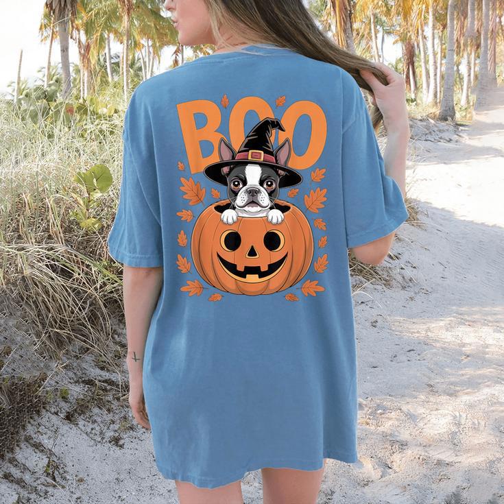 Boston Terrier Costume On Pumpkin Halloween Boston Terrier Women's Comfort Colors T-Shirt Back Print