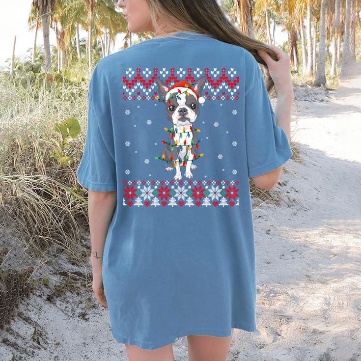 Boston Terrier Dog Santa Hat Men Kids Ugly Christmas Light Women's Comfort Colors T-Shirt Back Print