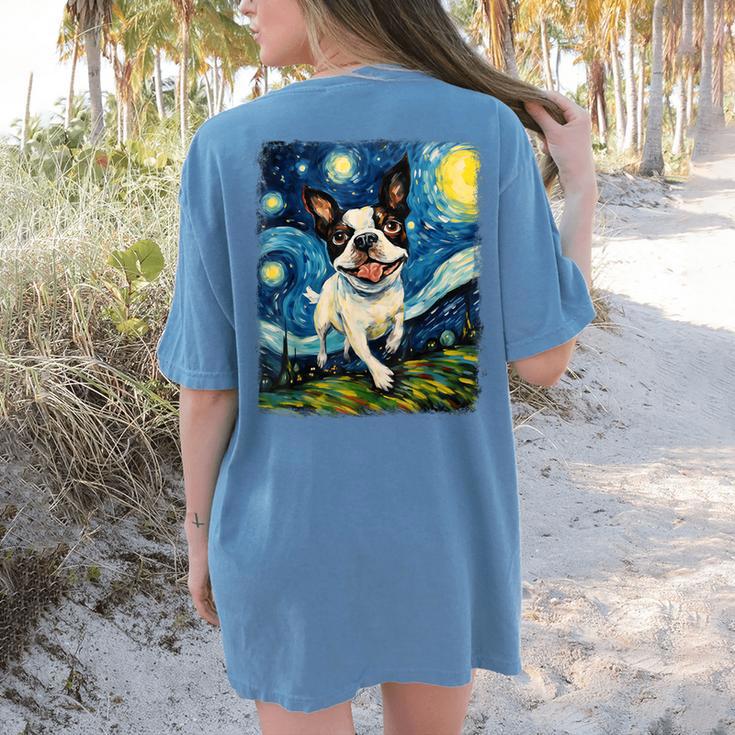 Boston Terrier Dog Starry Night Painting Women's Comfort Colors T-Shirt Back Print