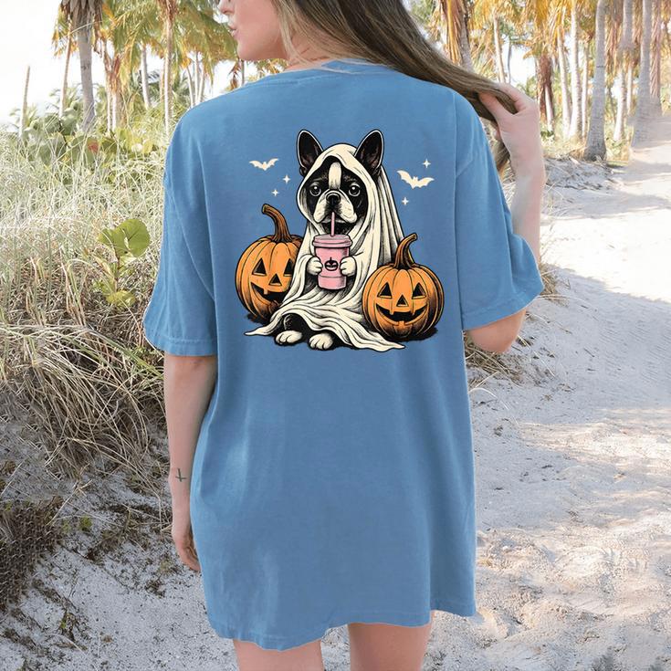 Boston Terrier Ghost Boo Halloween Costume Spooky Season Women's Comfort Colors T-Shirt Back Print