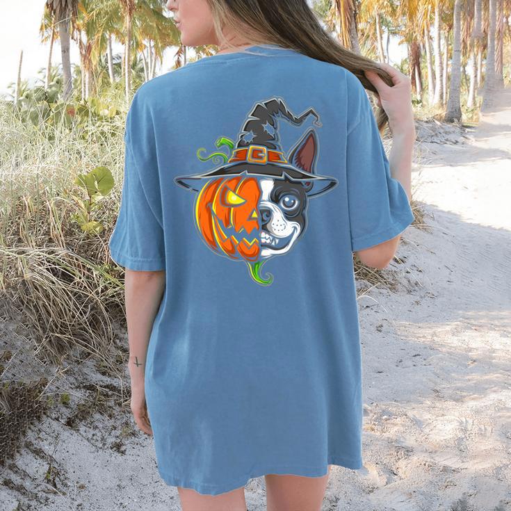 Boston Terrier Pumpkin Jack O Lantern Halloween Women's Comfort Colors T-Shirt Back Print