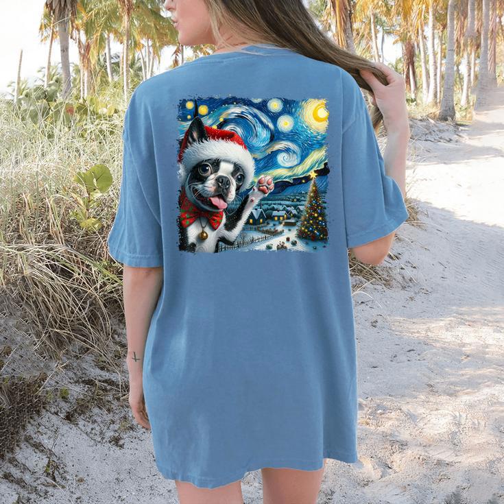 Boston Terrier Santa Starry Night Van Gogh Christmas Dog Men Women Kids Women's Comfort Colors T-Shirt Back Print