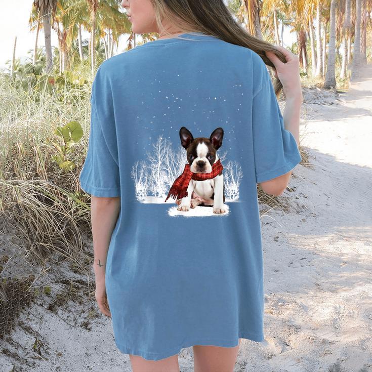 Boston Terrier In The Snow Merry Christmas Winter Women's Comfort Colors T-Shirt Back Print