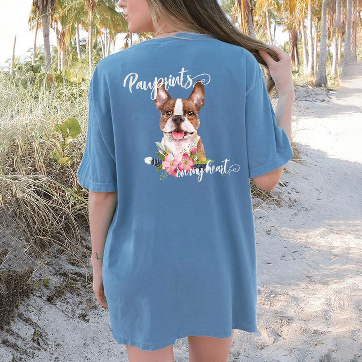Brown Boston Terrier With Flowers And Feathers Women's Comfort Colors T-Shirt Back Print