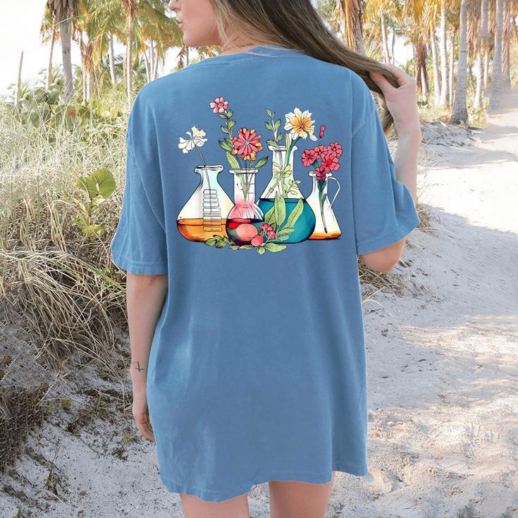 Floral Beakers Chemistry Lab Teacher Women's Comfort Colors T-Shirt Back Print Floral Beakers Chemistry Lab Teacher Women's Comfort Colors T-Shirt Back Print