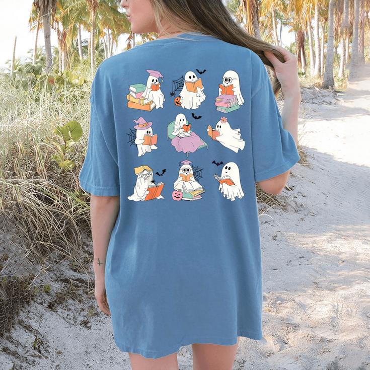 Ghost Book Reading Halloween Books Lover Teacher Kids Women's Comfort Colors T-Shirt Back Print