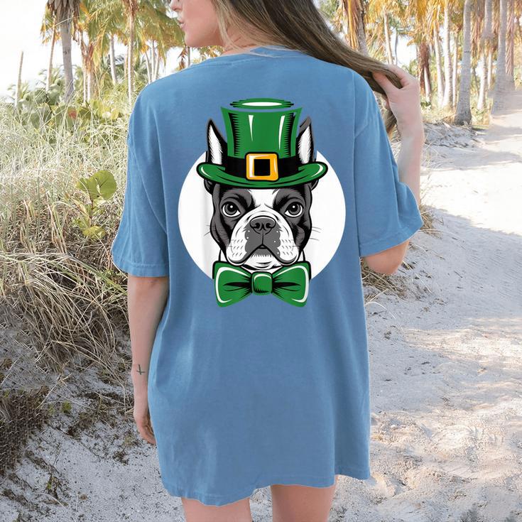 Green Boston Terrier Shamrock St Patricks Day Boston Terrier Women's Comfort Colors T-Shirt Back Print
