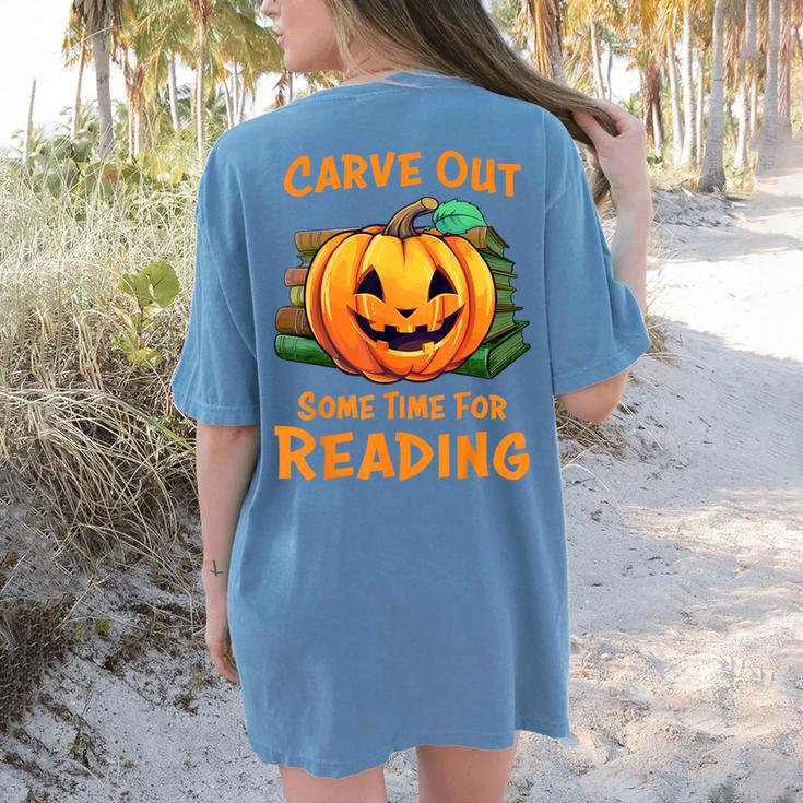 Halloween Teacher Librarian Pumpkin Reading Books Men Women Kids Women's Comfort Colors T-Shirt Back Print