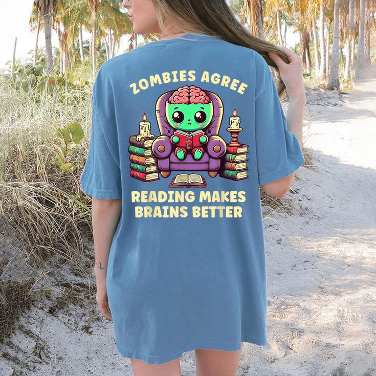 Halloween Teacher Zombie Reading Is Good For Brains Women's Comfort Colors T-Shirt Back Print Halloween Teacher Zombie Reading Is Good For Brains Women's Comfort Colors T-Shirt Back Print